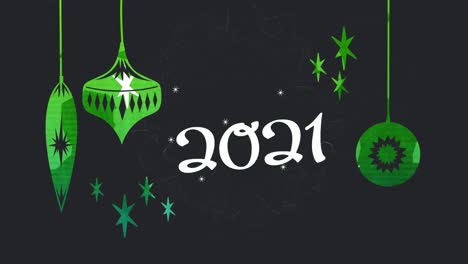 Animation-of-white-text-2021,-with-flashing-white-stars-and-hanging-green-decorations,-on-black