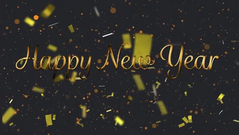 Animation-of-gold-text-happy-new-year,-with-gold-confetti-and-orange-spots-of-light,-on-black