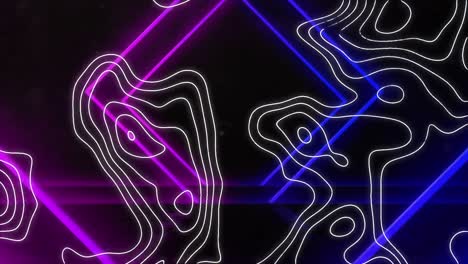 Animation-of-white-contour-lines,-with-purple-and-blue-neon-diamonds-moving-on-black