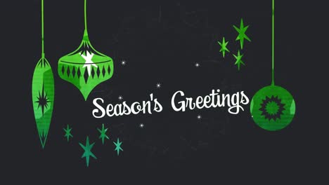 Animation-of-text-season's-greetings,-with-white-stars-and-hanging-green-decorations,-on-black