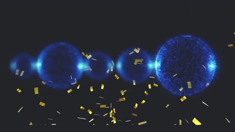 Animation-of-gold-confetti-falling-over-sparkling-translucent-blue-balls,-floating-on-black