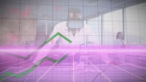 Animation-of-green-lines-processing-on-grid-over-businessman-using-vr-headset
