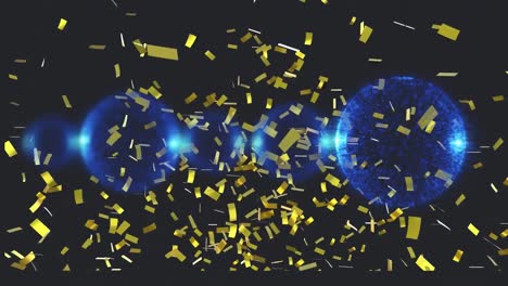 Animation-of-gold-confetti-falling-over-sparkling-translucent-blue-balls,-floating-on-black