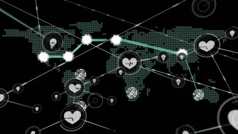 Animation-of-network-of-connections-with-icons-over-world-map-on-black
