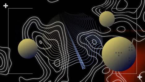 Animation-of-white-contour-lines,-with-curved-lines-and-yellow-spheres-on-black
