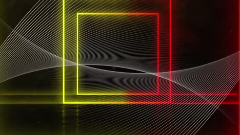 Animation-Von-Gelben-Und-Roten-Neonquadraten-über-Weißen-Parallelen-Kurven,-Die-Sich-Auf-Schwarz-Bewegen