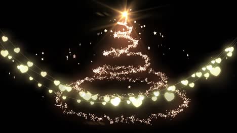 Animation-of-glowing-strings-of-fairy-lights,-glittering-christmas-tree-and-stars