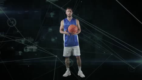Animation-Des-Netzwerks-Von-Verbindungen-Und-Datenverarbeitung-über-Basketballspieler-Auf-Schwarzem-Hintergrund