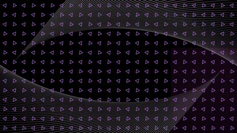 Animation-of-floating-curved-white-line-panels,-over-grid-of-turning-purple-triangles,-on-black