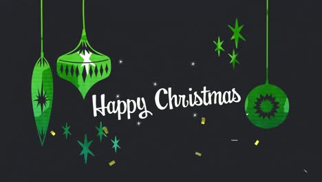 Animación-De-Texto-Blanco-Feliz-Navidad,-Con-Confeti-Dorado-Y-Adornos-Verdes-Colgantes,-Sobre-Negro