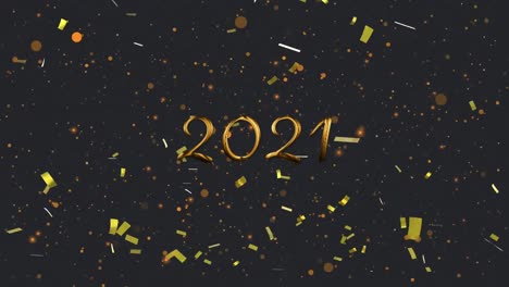 Animation-of-gold-text-2021,-with-gold-confetti-and-orange-spots-of-light,-on-black