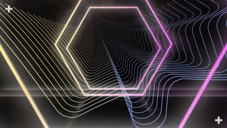 Animation-of-yellow-and-pink-neon-hexagons-over-yellow-and-blue-parallel-curves-moving-on-black