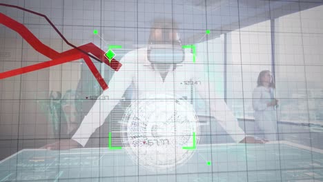Animation-of-red-lines-processing-and-car-engine-drawing-on-grid-over-businessman-using-vr-headset