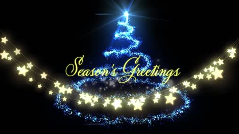Animation-of-season's-greetings-text-with-christmas-tree-and-glowing-strings-of-fairy-lights