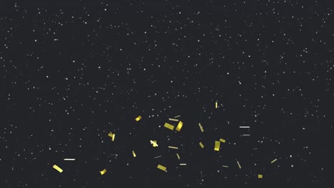 Animation-of-gold-confetti-and-snowflakes-falling-on-black-background
