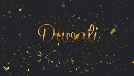 Animation-of-gold-text-divali,-with-gold-confetti-and-orange-spots-of-light,-on-black