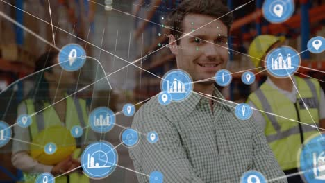 Animation-of-network-of-connections-over-smiling-man-working-in-warehouse