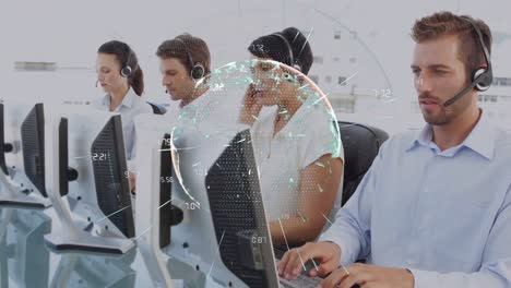 Animation-of-globe-and-connections-over-business-people-wearing-headsets