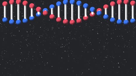 Animation-of-rotating-3d-model-dna-strand-and-snow-falling-on-black-background