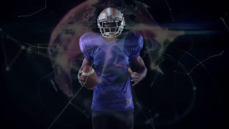 Animation-of-globe-and-network-of-connections-over-american-football-player-on-black-background