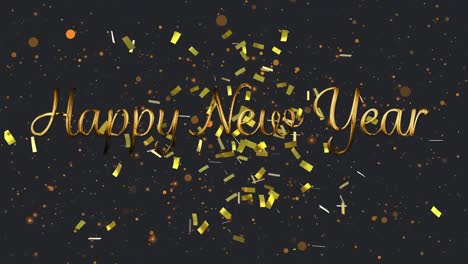 Animation-of-gold-text-happy-new-year,-with-orange-spots-of-light,-on-black-background