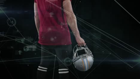 Animation-Des-Netzwerks-Von-Verbindungen-über-Einem-American-Football-Spieler-Auf-Schwarzem-Hintergrund
