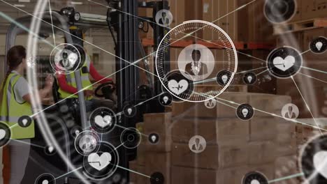 Animation-of-network-of-connections-over-woman-and-man-in-forklift-working-in-warehouse