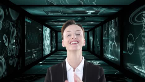 Animation-of-smiling-businesswoman-over-screens-with-medical-data-processing