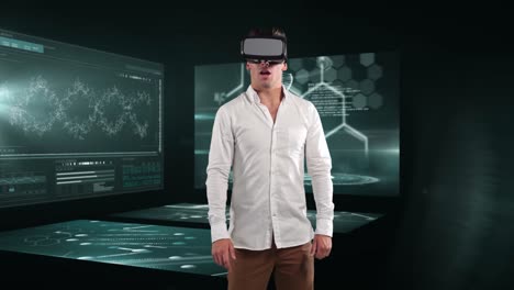 Animation-of-businessman-wearing-vr-headset-over-screens-with-medical-data-processing
