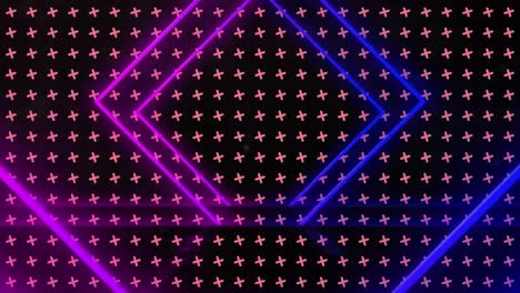 Animation-of-purple-and-blue-neon-diamonds-over-grid-of-turning-pink-crosses-on-black-background