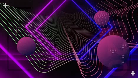 Animation-of-purple-and-blue-neon-diamonds-with-colourful-curved-lines-and-purple-spheres-on-black