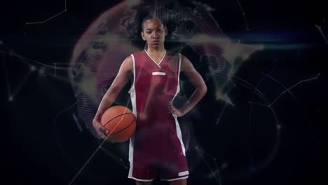 Animation-of-globe-with-network-of-connections-over-basketball-player-on-black-background