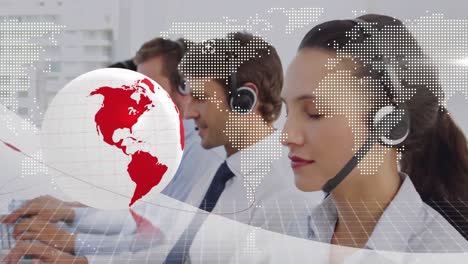 Animation-of-globe-and-world-map-over-business-people-wearing-headsets