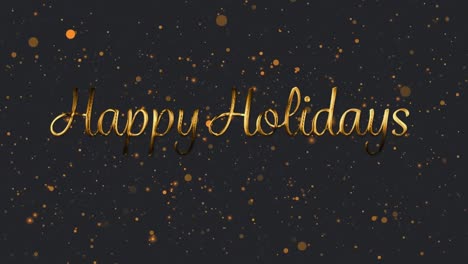 Animation-of-gold-text-happy-holidays,-with-zigzag-lines-and-orange-spots-of-light,-on-black