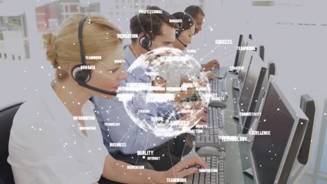 Animation-of-globe-and-connections-over-business-people-wearing-headsets