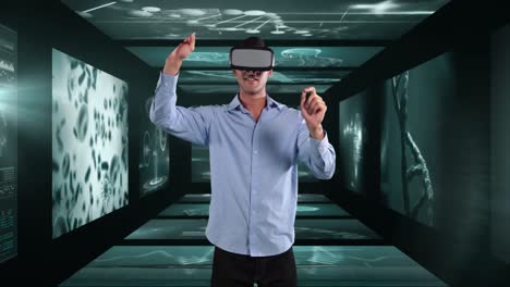 Animation-of-businessman-wearing-vr-headset-over-screens-with-medical-data-processing
