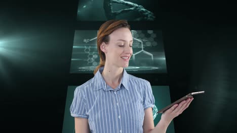 Animation-of-businesswoman-using-tablet-over-screens-with-medical-data-processing