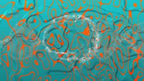 Animation-Des-Menschlichen-Gehirns,-Das-Sich-über-Orangefarbenes-Muster-Auf-Blauem,-Flüssigem-Hintergrund-Dreht