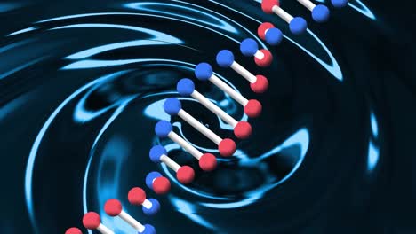 Animation-Eines-DNA-Strangs,-Der-Sich-über-Blauem,-Flüssigem-Hintergrund-Dreht
