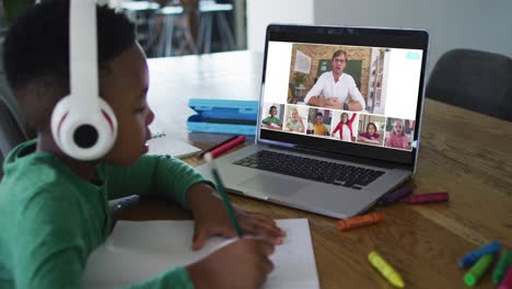 Schoolboy-using-laptop-for-online-lesson-at-home,-with-diverse-teacher-and-class-on-screen