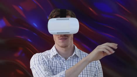 Animation-of-businessman-wearing-vr-headset-over-red-and-purple-liquid-background