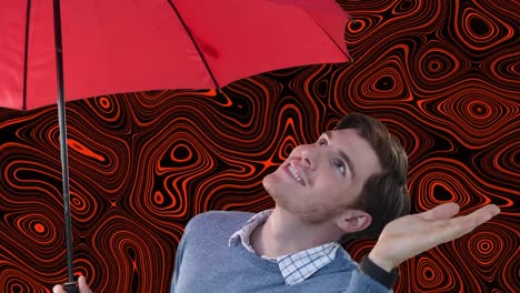 Animation-Eines-Geschäftsmannes-Mit-Rotem-Regenschirm-Auf-Rotem,-Flüssigem-Hintergrund