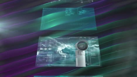 Animation-of-data-processing-on-screens-over-green-and-purple-light-trails-background