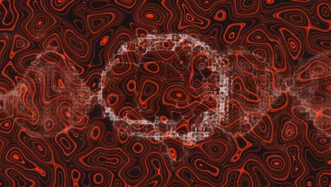 Animation-Des-Menschlichen-Gehirns-Und-Des-DNA-Strangs,-Der-Sich-über-Rotem,-Flüssigem-Hintergrund-Dreht