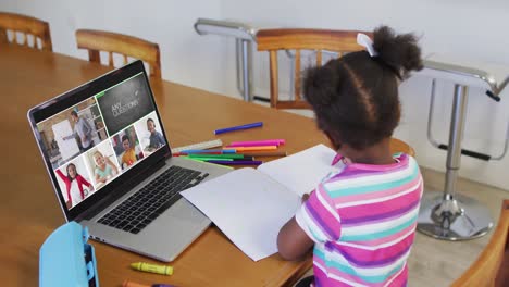Zusammengesetztes-Video-Eines-Mädchens,-Das-Einen-Laptop-Mit-Bildschirmen-Verschiedener-Klassen-Und-Eines-Lehrers-Im-Online-Unterricht-Benutzt