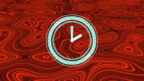 Animation-of-clock-moving-fast-over-red-liquid-background
