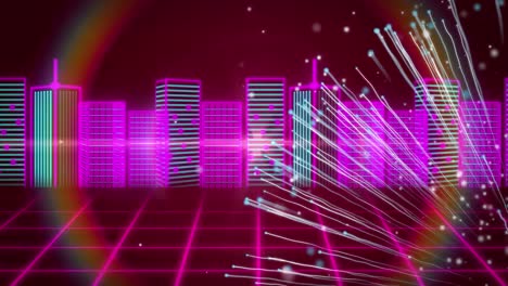 Animation-of-digital-cityscape-over-white-flying-light-trails-on-moving-red-grid