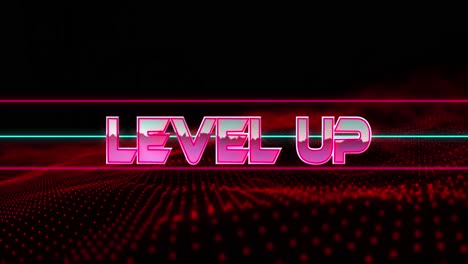 Animation-of-level-up-over-text-in-metallic-pink-letters-with-lines-over-red-glowing-mesh