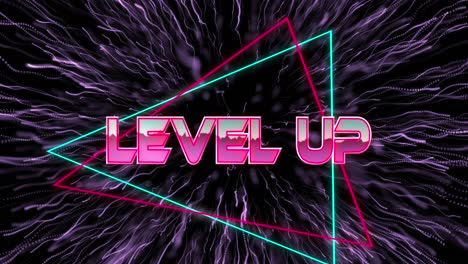 Animation-of-level-up-text-in-metallic-pink-letters-with-triangles-over-purple-fireworks