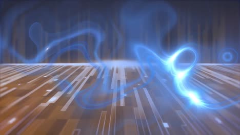 Animation-of-glowing-blue-vapour-over-moving-brown-and-grey-lines-and-dark-background
